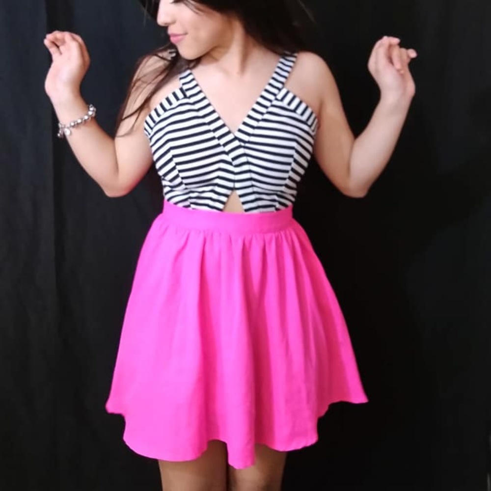 Striped pink neon skater dress
